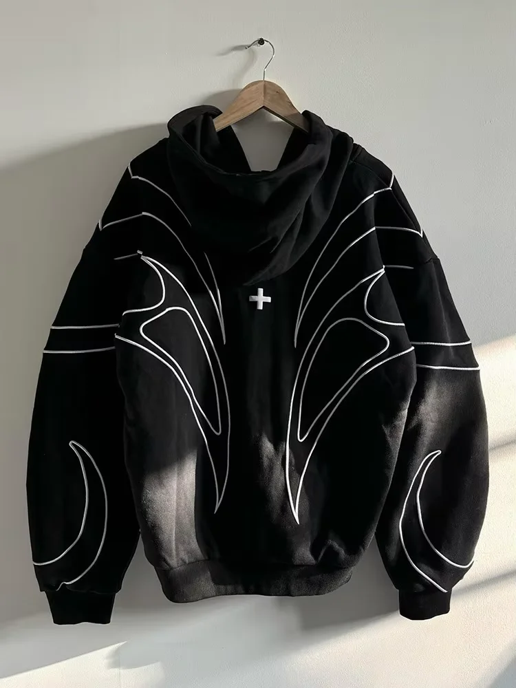 Trendiger Grafik-Reißverschluss-Hoodie, Oversized-Kapuzenpullover mit Linienmuster, Langarm, Lässige Streetwear-Herbstjacke 2026, Heißer Neuer Plus-Size-Verkauf – Detail 5
