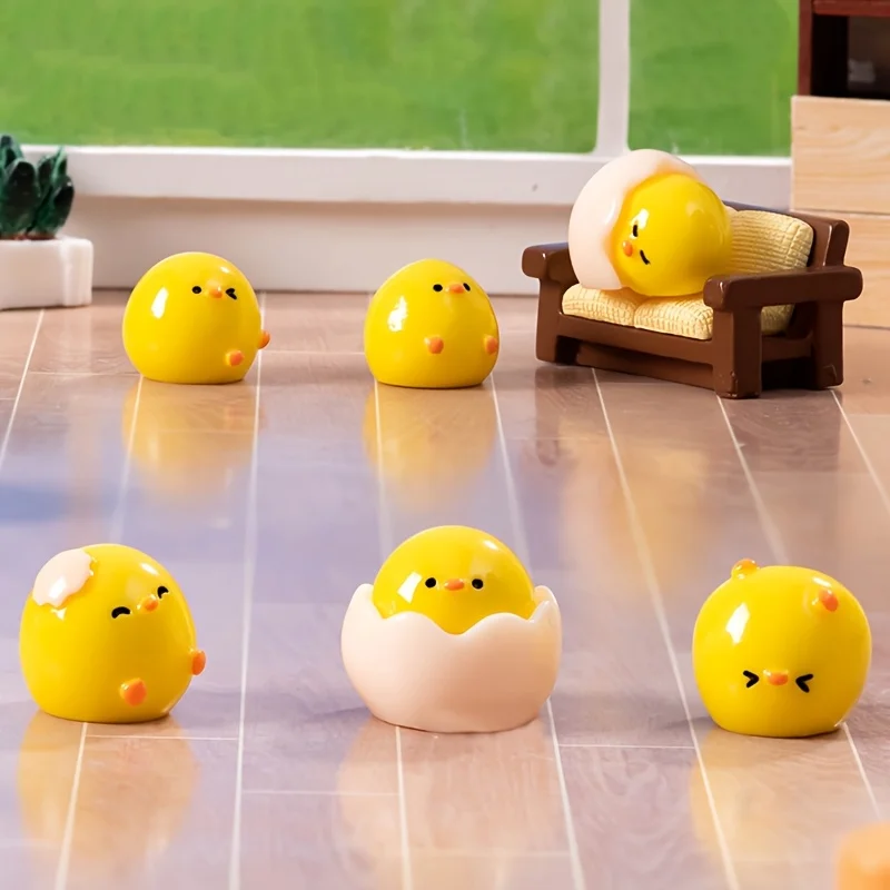 6pcs Miniature Resin Figurines - Contemporary Cartoon Chicks Eggshell Chicken Statues for DIY Decor, Tabletop