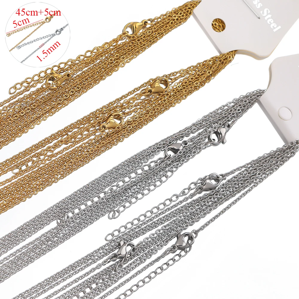Cadenas de eslabones de acero inoxidable, 10 piezas, 45 + 5cm, Color dorado, collares a granel, joyería de moda, cadenas ajustables, gargantillas