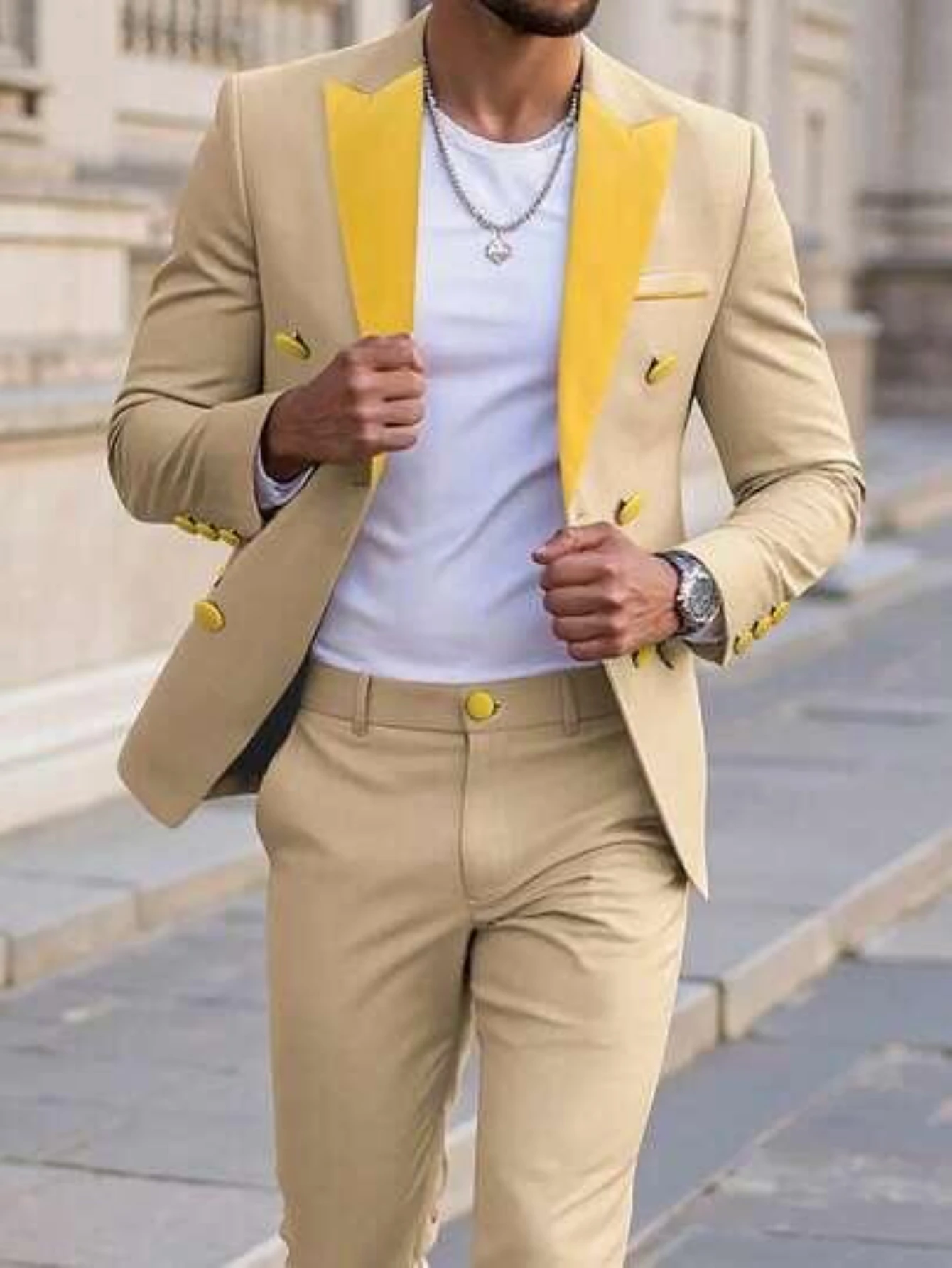 

Yellow Lapel Champagne Business Men Suit Wedding Party Prom Groom Groomsman Formal Occasions Tuxedos 2 Piece Set Blazer Pants