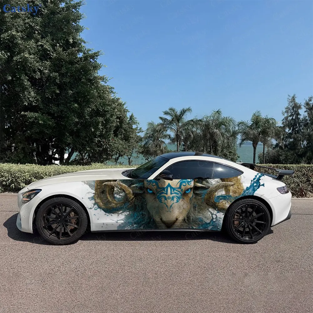 

2pcs Wave Golden Horn Ram Shadow, Durable, Fade-resistant, Enhance Vehicle Aesthetics With Bold Artistic Design Car Vinyl Wraps