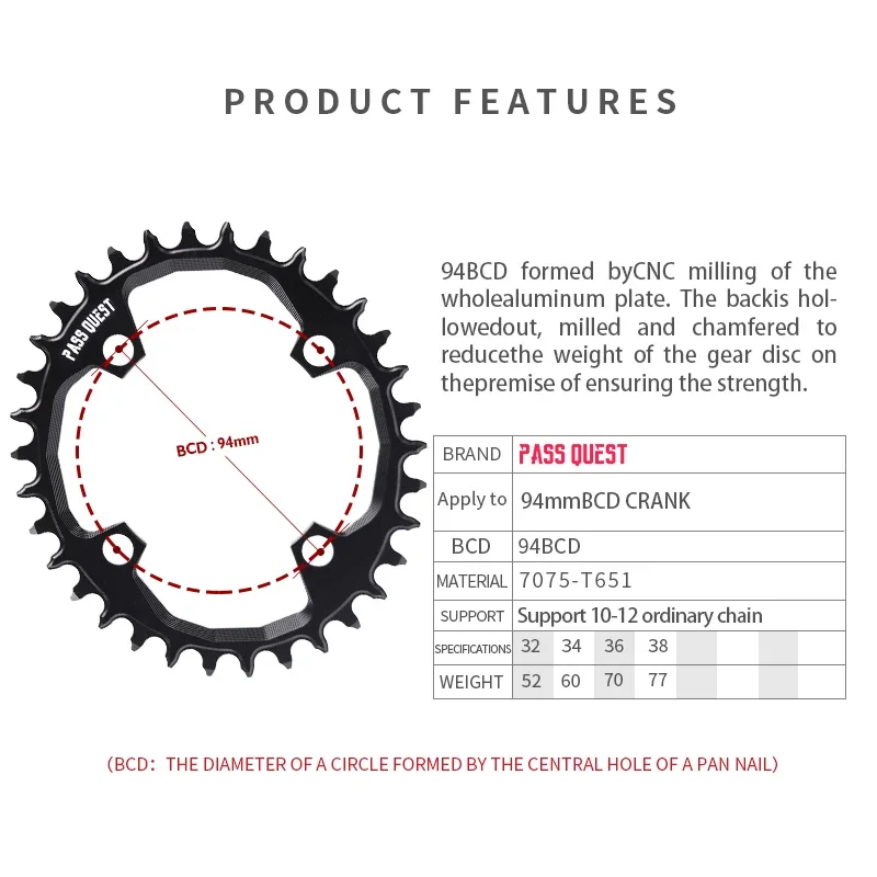 PASS QUEST 94BCD 4-Bolt Bicycle Chainring for SRAM NX GX X1 Round/Oval 30-40T Narrow Wide Teeth Sprocket Crankset Crown