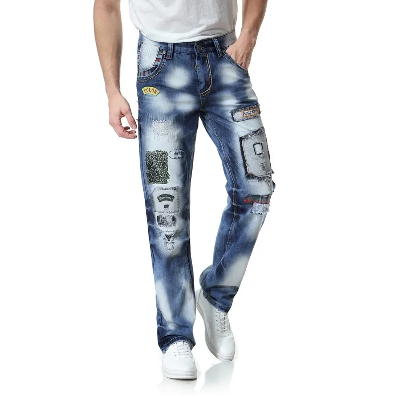 New Large-size Men's Clothing Washed White Patch Multi-craft Jeans European and American Trend Straight Pants