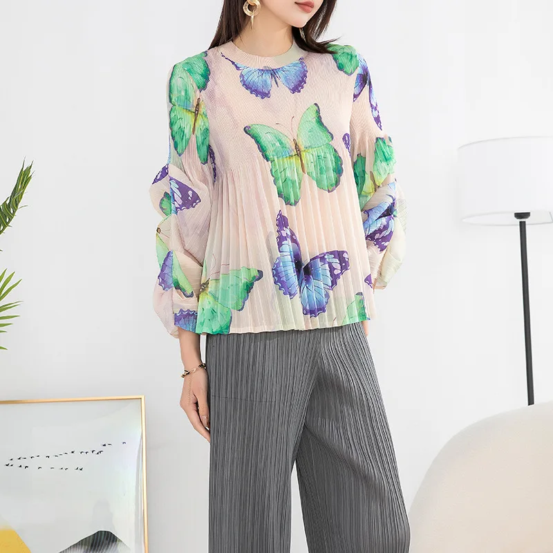 

MIYAKE Summer New Round Neck Top Women's Printed Bubble Sleeves Loose Large Size Elegant Pullover Folded Bottom Shirt [20230202]