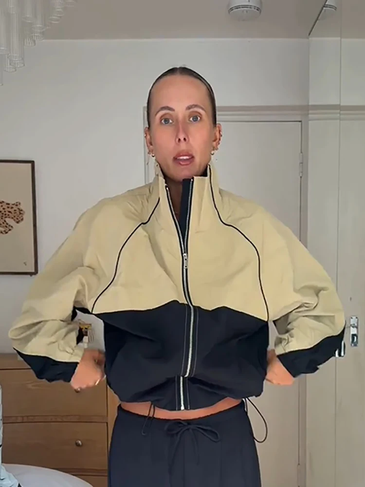 Sporty‑chic Cropped Jacket Color‑block Vintage Zip‑up Loose Windbreaker Ladies Outerwear Street Daily Cool Women Autumn Outfit