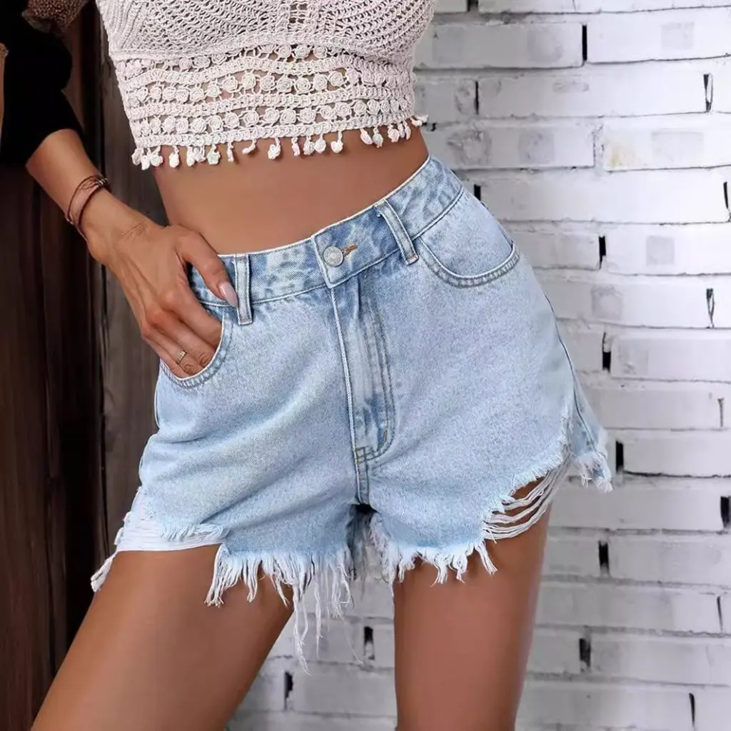Shorts jeans feminino cintura alta com buraco de rebarba casual INS novo estilo 40 #   em estoque moda