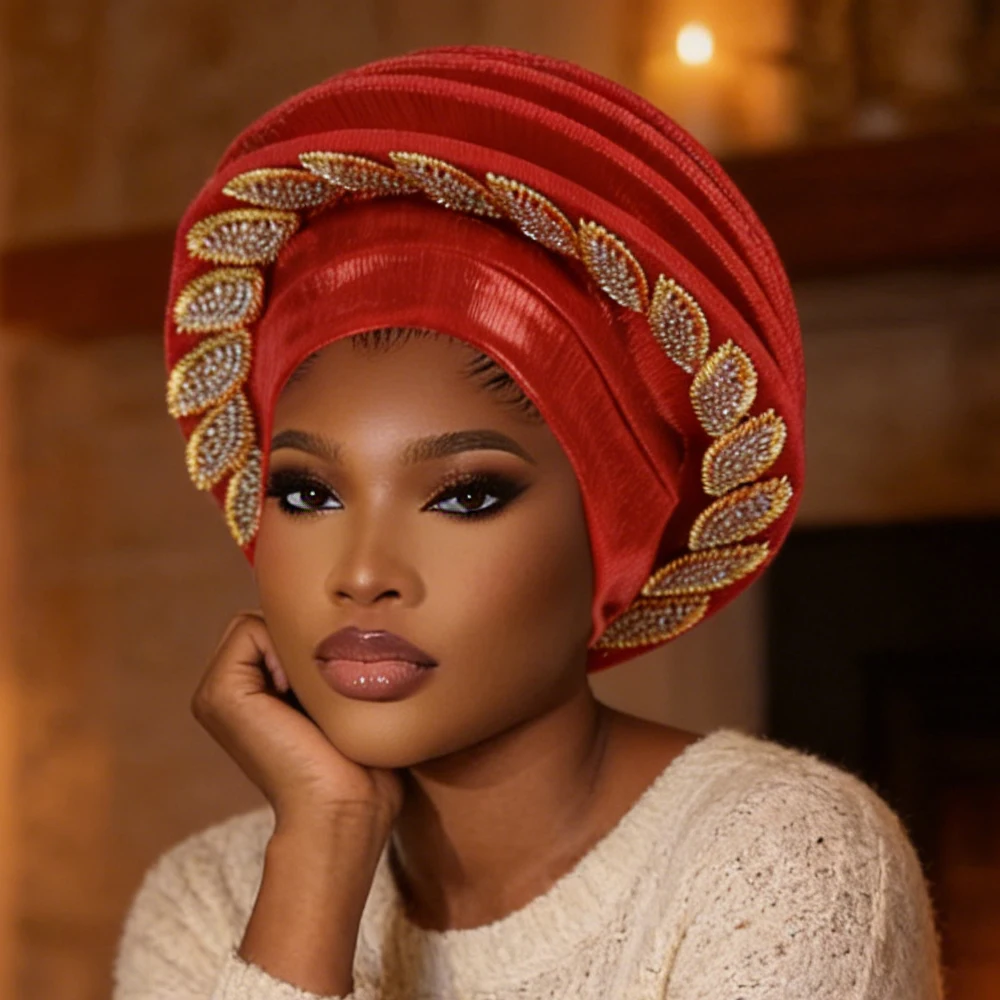 

Leaves Diamonds Spiral Beret Turban Cap for Women Afrcian Head Wraps Female Nigeria Headpiece Wedding Party Geles Hijab Bonnet