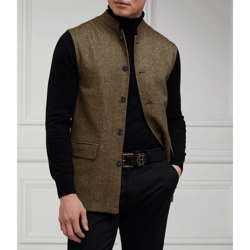 Gilet da uomo colletto alla coreana cappotto senza maniche top abiti Casual per uomo gilet monopetto gilet da uomo autunno a spina di pesce Tweed