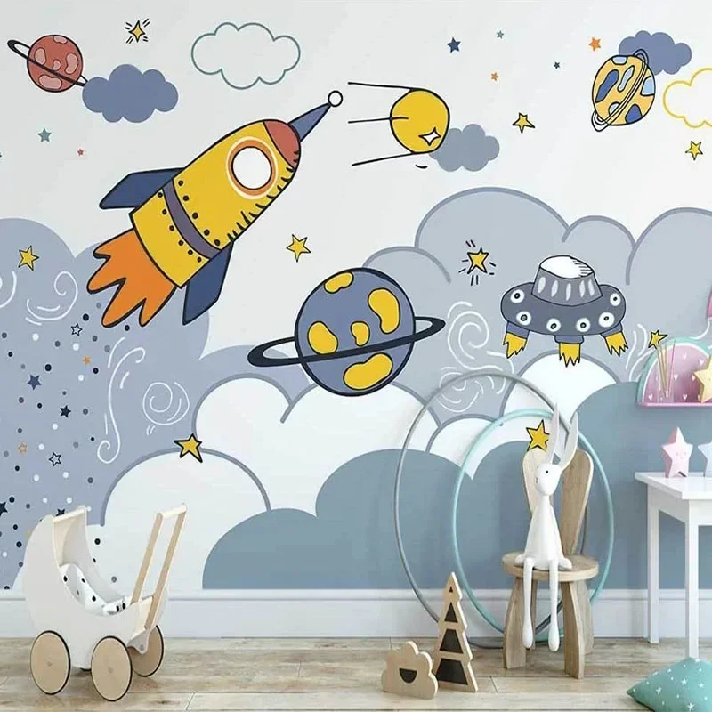 3D Wallpaper Nordic Ins Hand-painted Cartoon Rocket Space Starry Sky Children's Room Background Wall Decor Papel De Parede Sala
