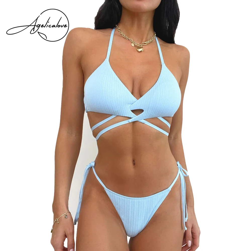 

AGELICALOVE Bikini Set Sexy Halter Bandage Push Up Bathing String Micro Thong Solid Beach Wear Swimwear Ladies