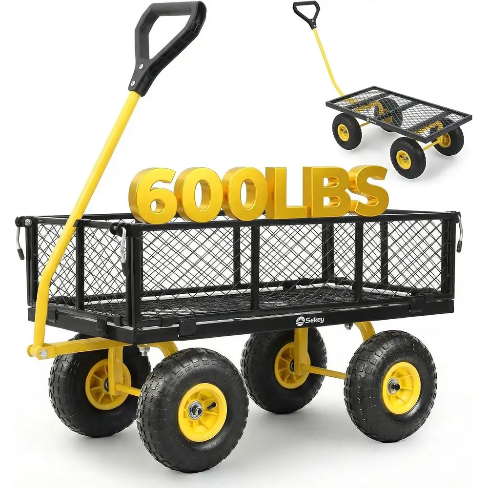 

600lbs Steel Mesh Garden Cart or Patio & Backyard, Utility Wagon with Removable Sides (Convertible latbed), 10" Rubber Tires, Bl