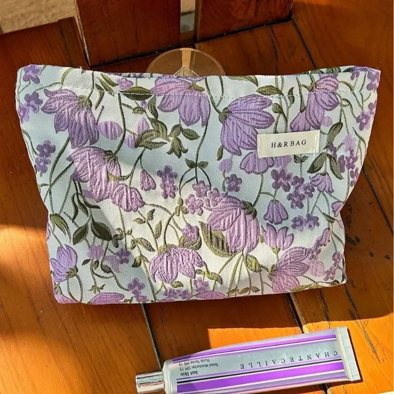 

Фиолетовая косметичка из тканого полотна с цветочным узором, женская портативная сумка-клатч, дорожный несессер для студентов, чехол на молнии для хранения туалетных принадлежностей