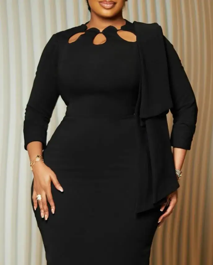 Robes pour femmes 2025 printemps nouveau festonné col creux trois quarts manches drapée robe de travail taille cintrée robe moulante