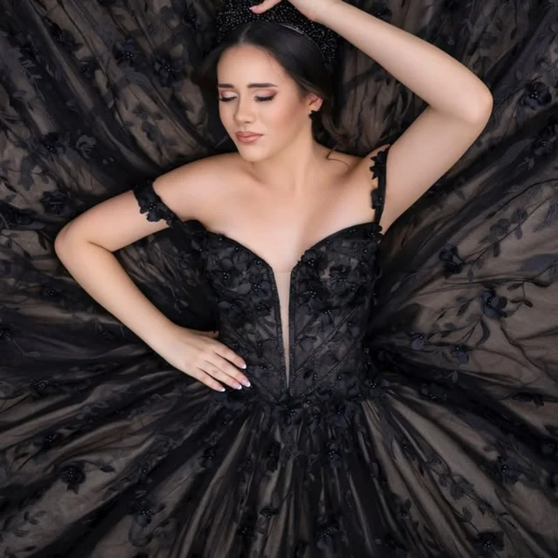 

Black Quinceanera Dress off-shoulder Lace 3D flower crystal decal Long tail Bow vestidos de 15 Quinceanera ﻿Customize