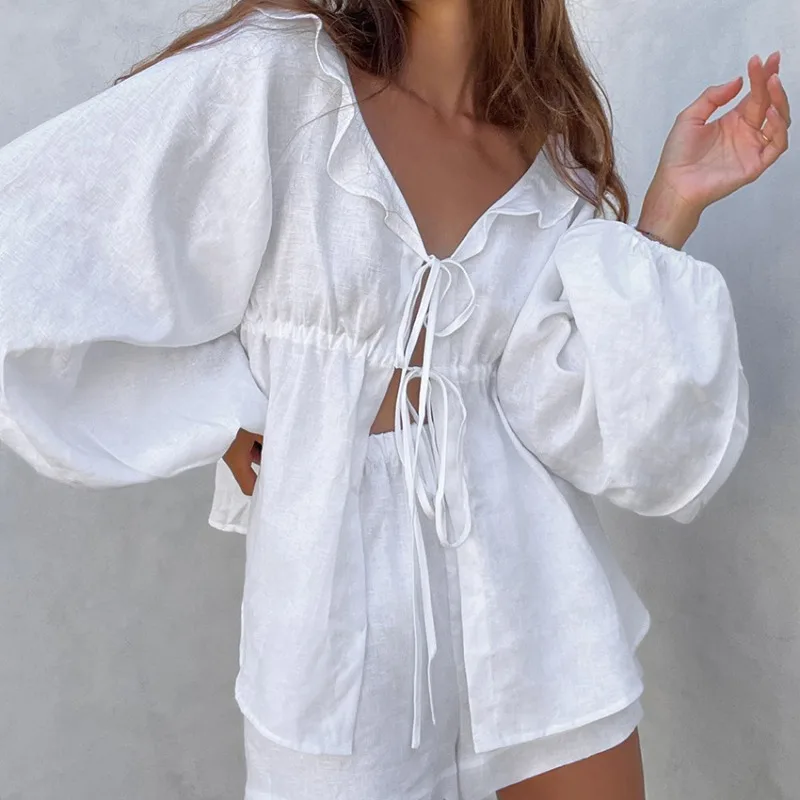 

2024 Spring New Cotton and Linen Women's Casual Clothing White V-neck Bubble Sleeve Top & Shorts Set Female Short Pants Outfits