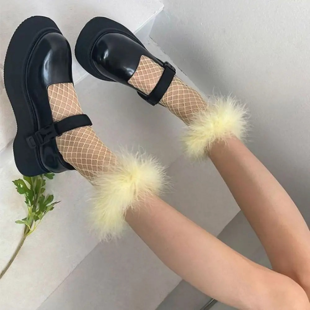 Unique Mesh Feather Fishnet Stockings Grid Bright Color Mid Tube Socks Hosiery Ruffle Socks Women Y2K Music Festival