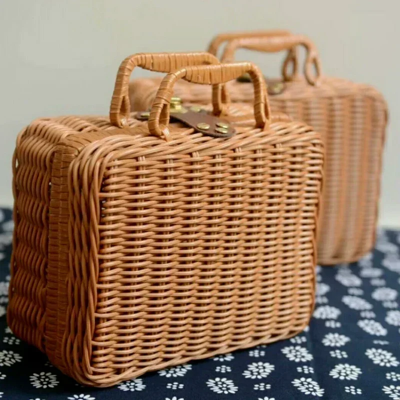 Solid Color Portable Rattan-like Finishing Box Woven Rattan Basket Retro Storage Box Props Suitcase Hand Creative Gift Box