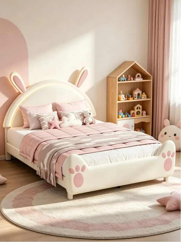 Superaly, 140x200cm gepolsterter Bettrahmen, Kopfteil mit Cartoon-Kaninchenohren, Doppelbett für Erwachsene und Jugendliche, für Lattenrost, Schlafzimmermöbel