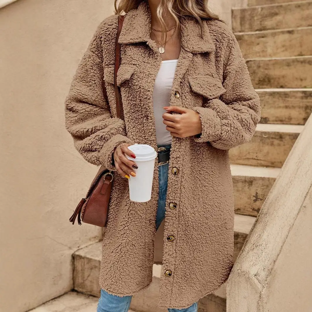 معطف نسائي طويل مفتوح بأزرار وطية صدر السترة من ألياف البوليستر الناعمة متوسط الطول لون نقي ملابس خارجية شتوية معطف نسائي Faion