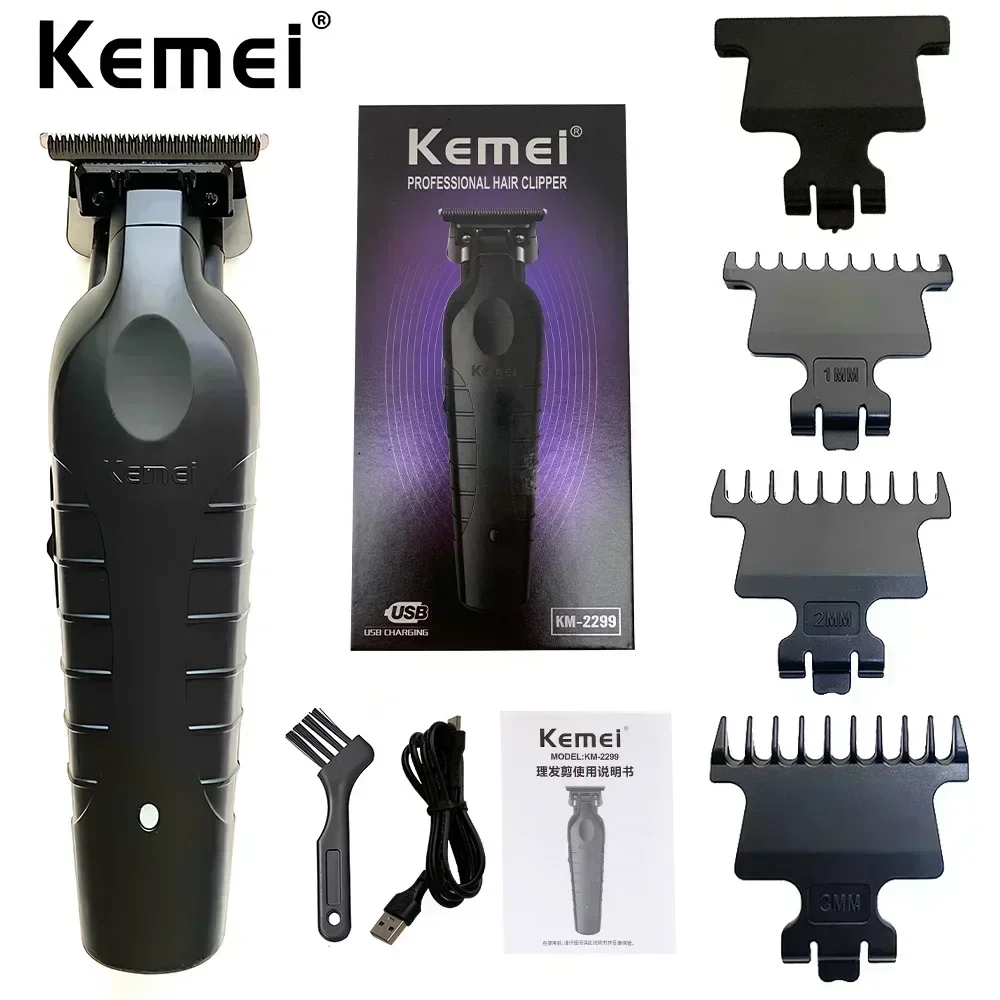 Kemei KM-2299 Barber Cordless Hair Trimmer 0mm Zero Gapped Carving Clipper Detailer Professional Electric Finish Cutting Machine