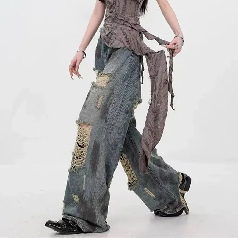 

Women's Summer Pants American Retro Waste Wind Tie-Dyed Ripped Jeans Women's Summer High Street Loose Straight Wide-Leg Mop Pant