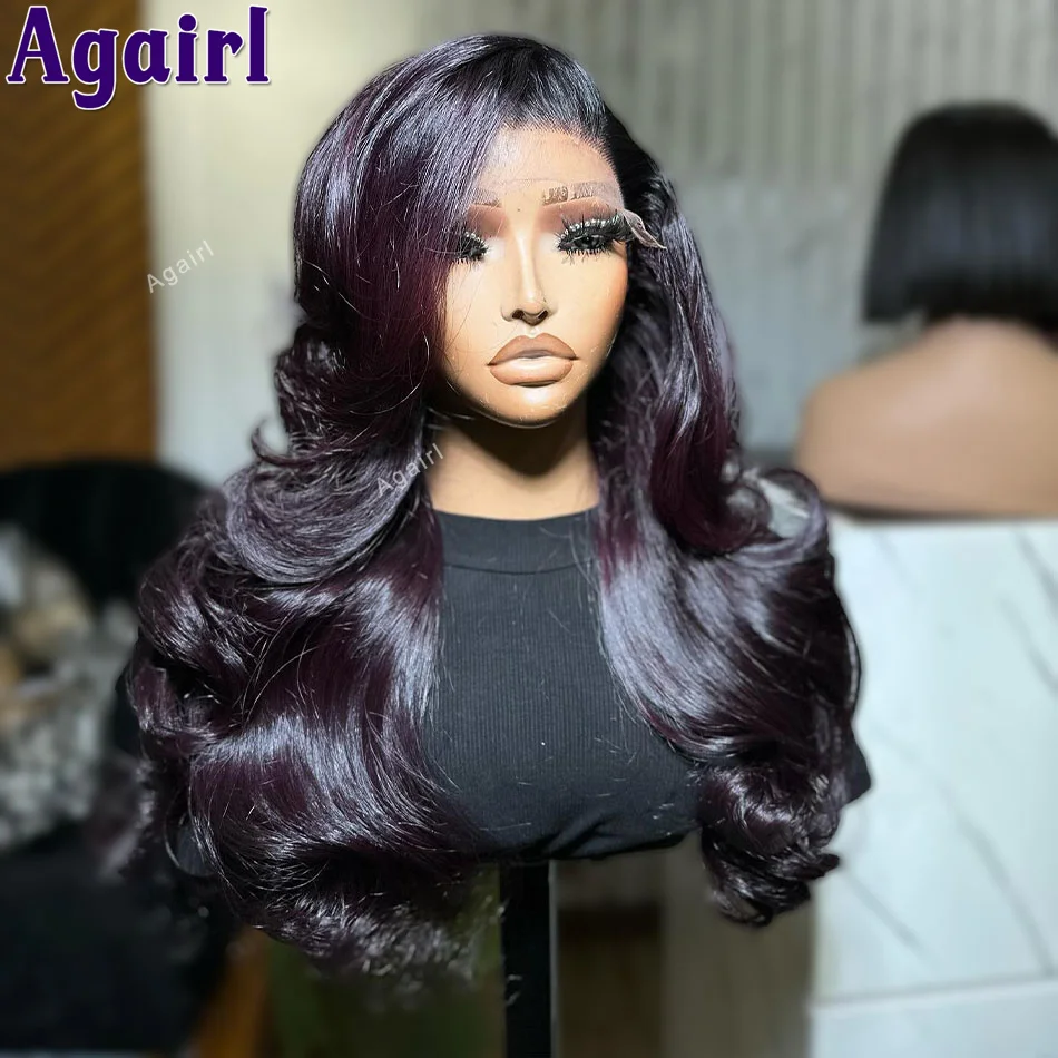 200% Dark Purple With Black Roots 13X6 Lace Front Human Hair Wigs Ready To Go 13X4 Body Wave Lace Frontal Wigs For Black Women