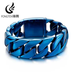 Fongten Colorful Curb Bracelet Men 316L Stainless Steel Cuban Chain Bracelets For Mens Heavy Large Jewelry
