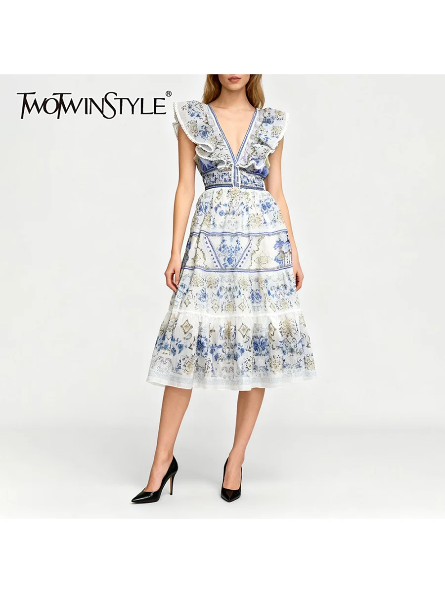 

TWOTWINSTYLE модные платья с принтом для похудения и оборками для женщин, темпераментное платье без рукавов с v-образным вырезом и высокой талией, женское