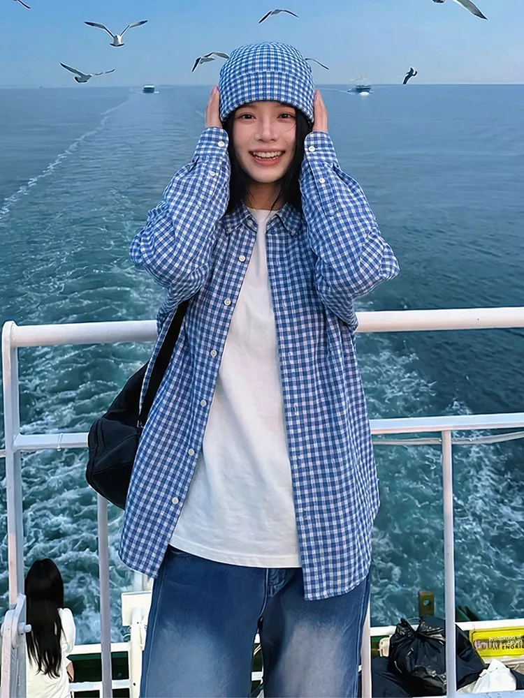 

Ретро-американская женская рубашка с длинным рукавом, синяя в клетку, свободного кроя, для ранней весны, повседневная, с защитой от солнца, верхняя одежда