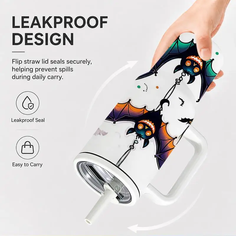 1pc 40oz 304 Stainless Steel Hand-held Cup Cute Cartoon Halloween Bat Pattern Insulated Tumbler with Handle And Straw for Home Office Travel Outdoor Suitable Gifts for Halloween Christmas And Other Special Festivals