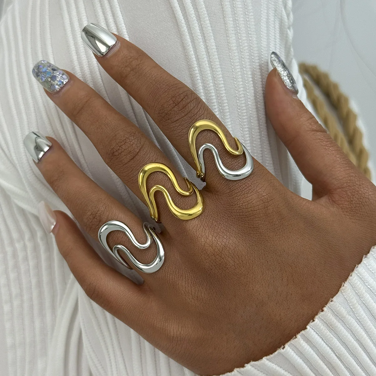 Modische geometrische offene Ringe aus Edelstahl für Damen, gestapelte unregelmäßige Ringe, Damen-Accessoires, Party- und Festival-Accessoires
