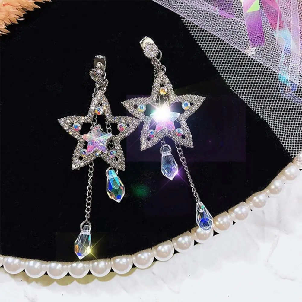 Elegant Earrings for Women Cubic Zirconia Inlaid Star Chain Tassel Dangle Stud Earrings Gift