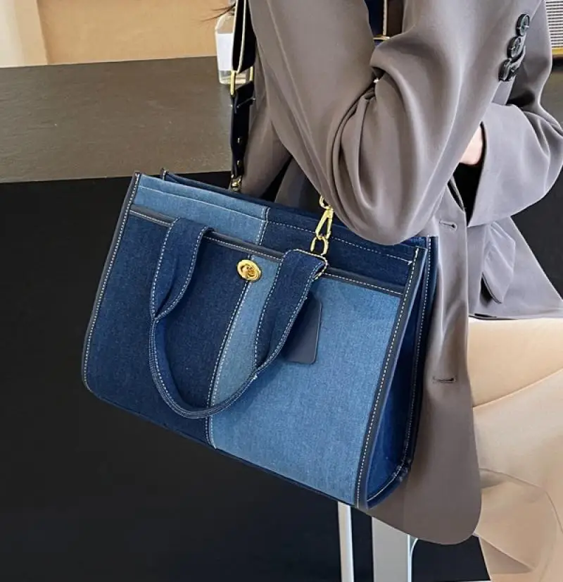 Rectangle Patchwork Crossbody Shoulder Bag Denim Colorblock Casual Minimalism Tote Bag Street Style Large Capacity Women Handbag