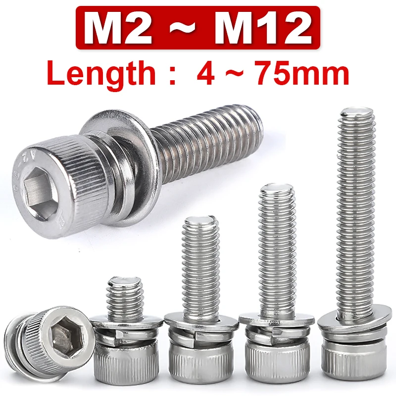 3in1 Inner Hexagon Bolt Gasket Spring Washer Flat Washer Combination Set 304 Stainless Steel Cylindrical Head Cup Screw M2~M12