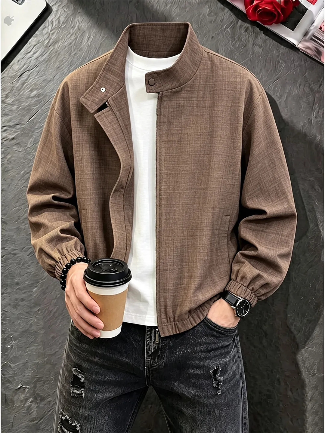 Cleanfit Casual Style Men's Jacket Short Length Stand Collar Linen Simulation Workwear Style Old Money Style Zipper Closure