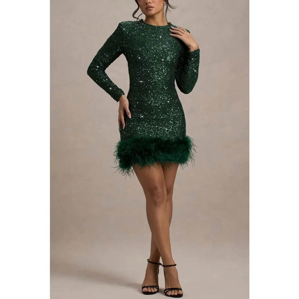 TWOTWINSTYLE Solid Spliced Sequines Slimming Dresses for Women O Neck Long Sleeve Temperament Dress Female Fashion New