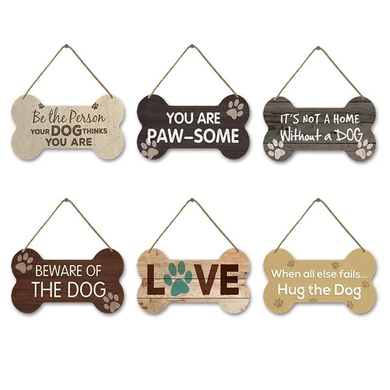 Wooden Plate Dog Sign Bone Shape Hanging Wood Board Painting Home Shop Door Decor Outside Warning Text Board Wall Plaques Gift