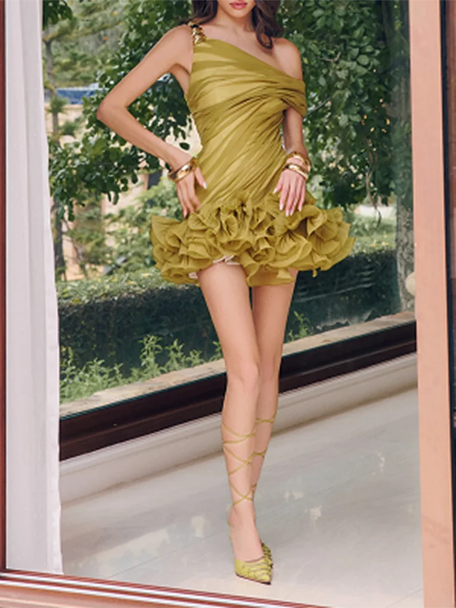 TWOTWINSTYLE Solid Patchwork Folds Chic Dresses for Women Square Collar Sleeveless High Waist Slimming Mini Dress Female Fashion