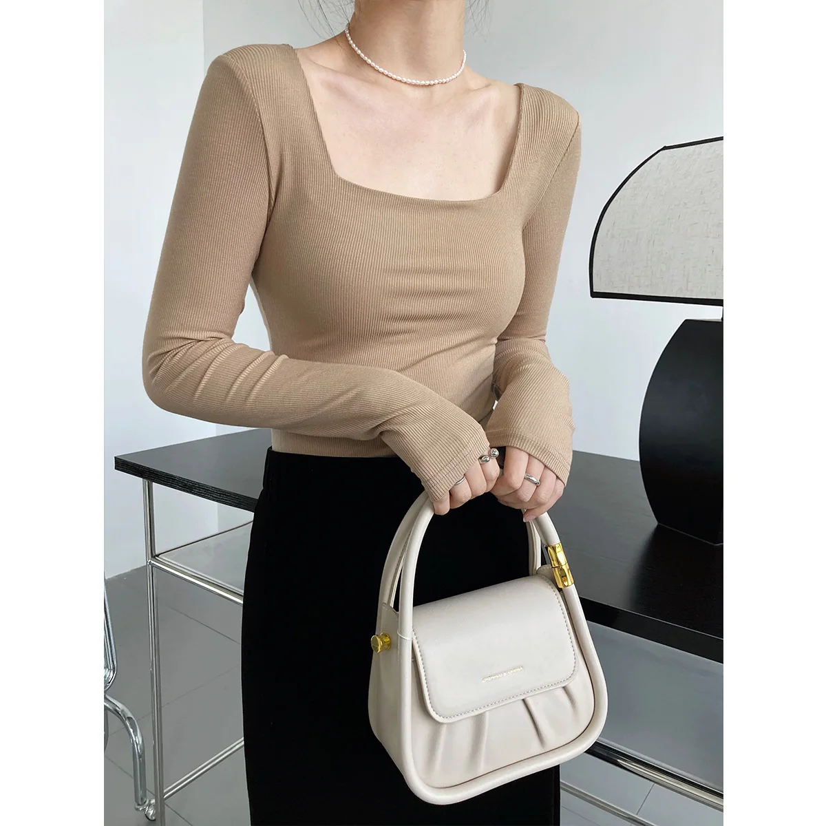 2024 New Women Spring Sexy Square Neck Long Sleeve Slim T Shirts Women Sexy Fashion Tees Tops For Women Clothes