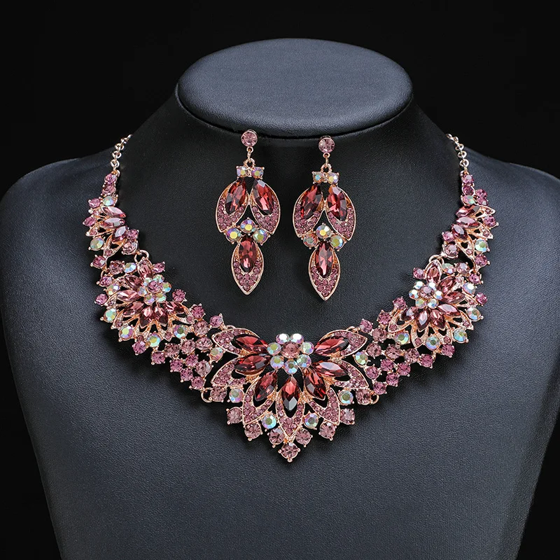 Vintage Crystal Necklace Earrings for Women Flower Leafts Exaggerated Jewelry Set Wedding Party Birthday New Year Gift 4 Colors