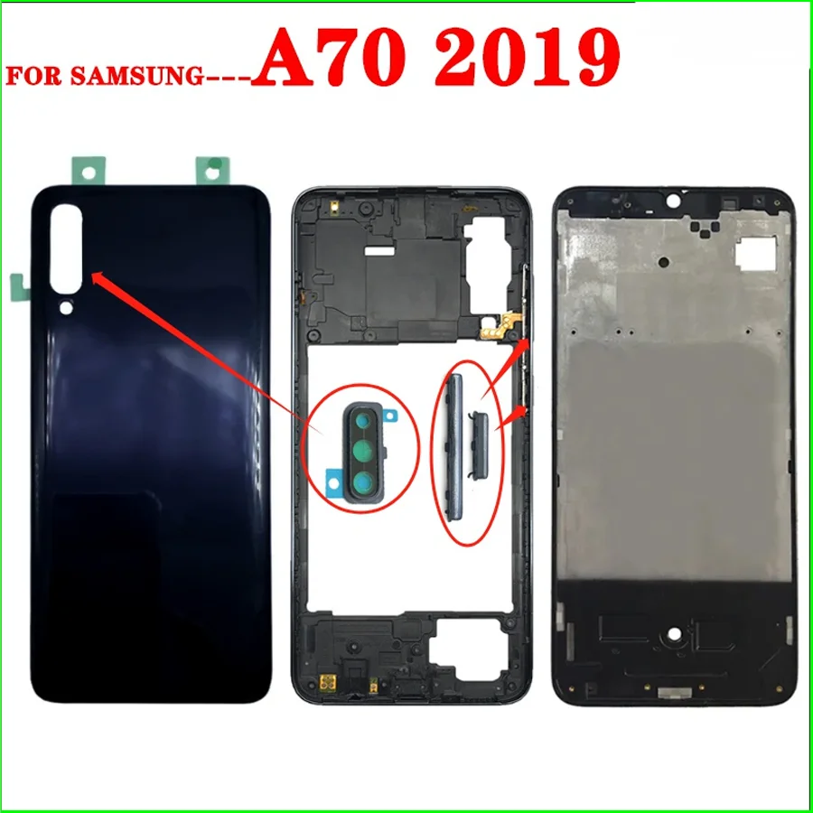 

Rear Full Housing Frame For SAMSUNG Galaxy A70 2019 A705 Back Battery Door Cover Case Housing +Middle Frame Button Camera Lens