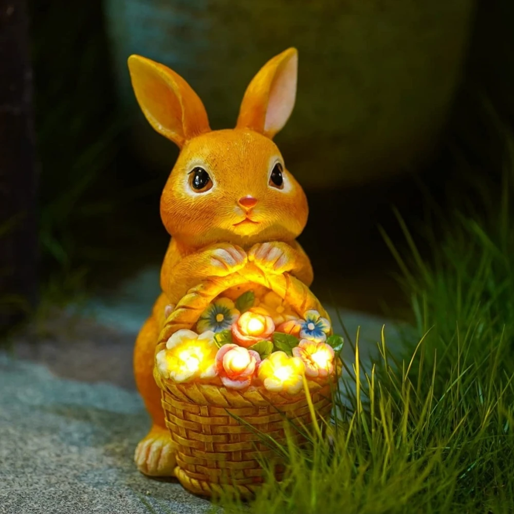 Solar Powered Rabbit Garden Statue, Resin Bunny & Flowers Decor with LED Light,Waterproof Outdoor Ornament, deal Gardening Gift