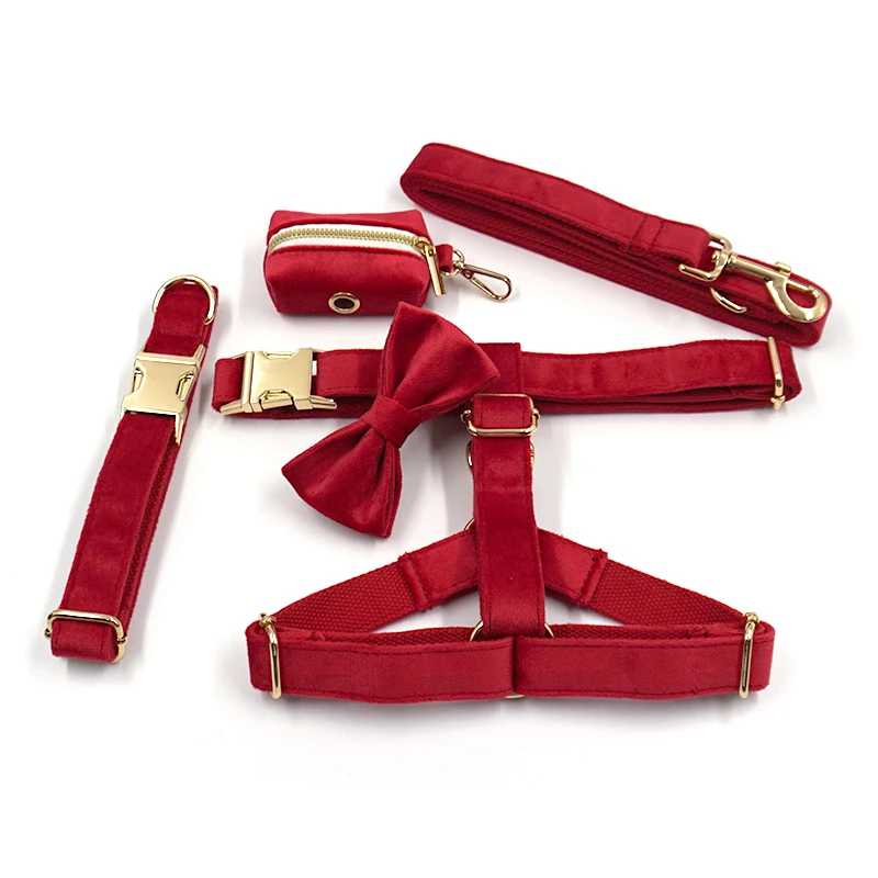 Red Velvet Dog Harness Personalized 5pcs/Set Pet Harness Bowtie Collar Leash Poop Bag Functional Dog Traction Set Custom Collar