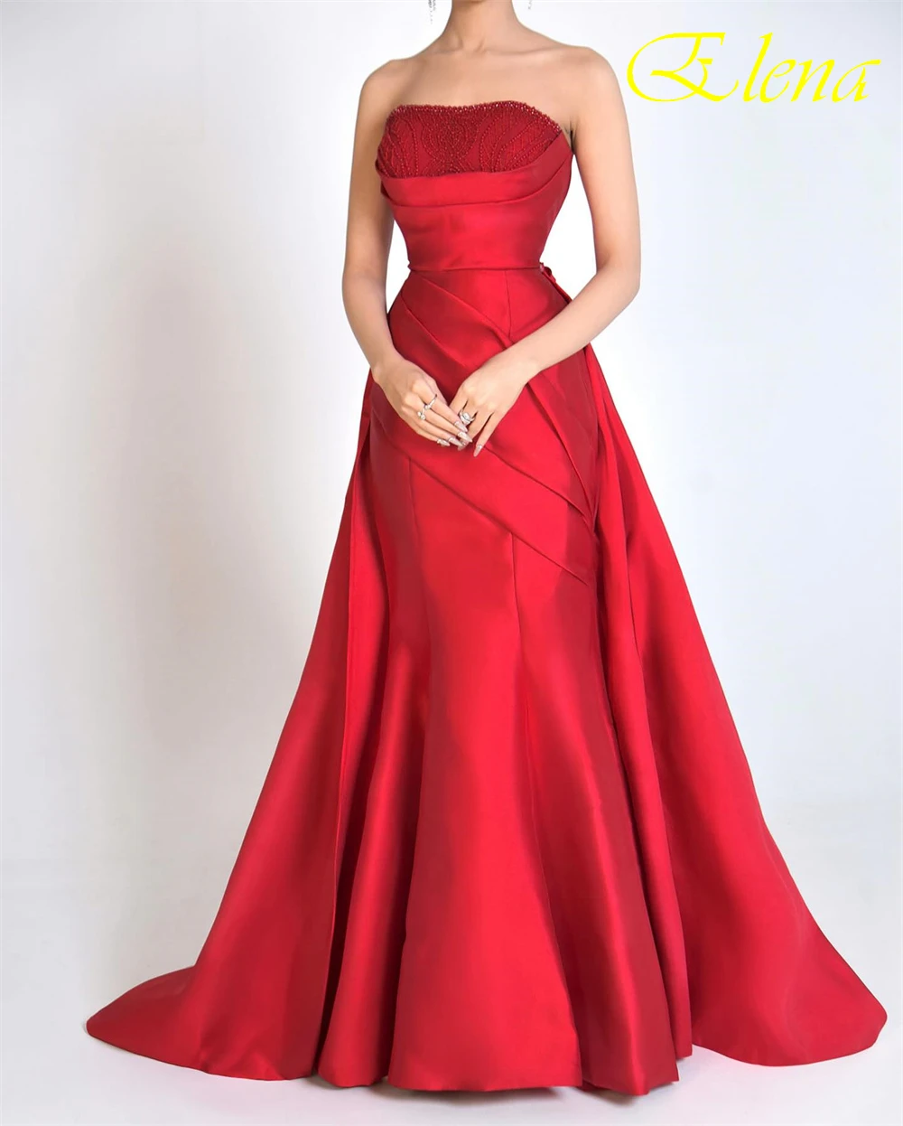 

Customized Elegant Red Satin Evening Dress Classic Strapless Sleeveless Party Dresses Delicate Mermaid Beading Celebrity Gowns