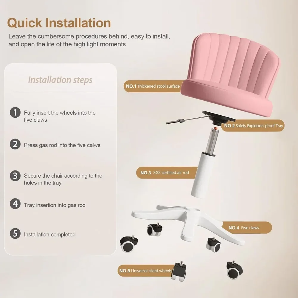 Round Rolling Desk Chair Armless Comfy Vanity Chair with Low PU Leather Backrest Adjustable Height Swivel Work Chair view 4