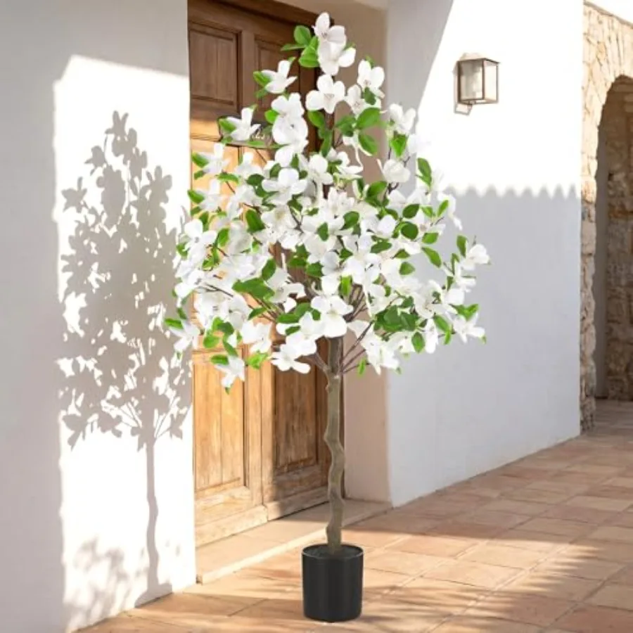 

4ft artificial white dogwood tree in nursery pot for indoor outdoor home decor silk faux blossoms, versatile front porch garden