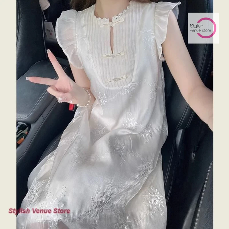 

New Chinese Heavy Industry Jacquard Embroidery Dress Women's Summer High Sense White Gentle Wind Leisure Joker Long Dress