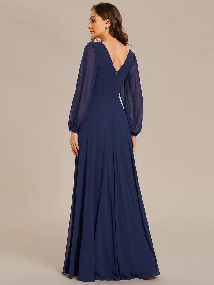 Elegant waisted Pleated Double V-Neck Long Sleeves Shiny Belt Chiffon guest dress Evening Dress Perfect for weddings or cocktail