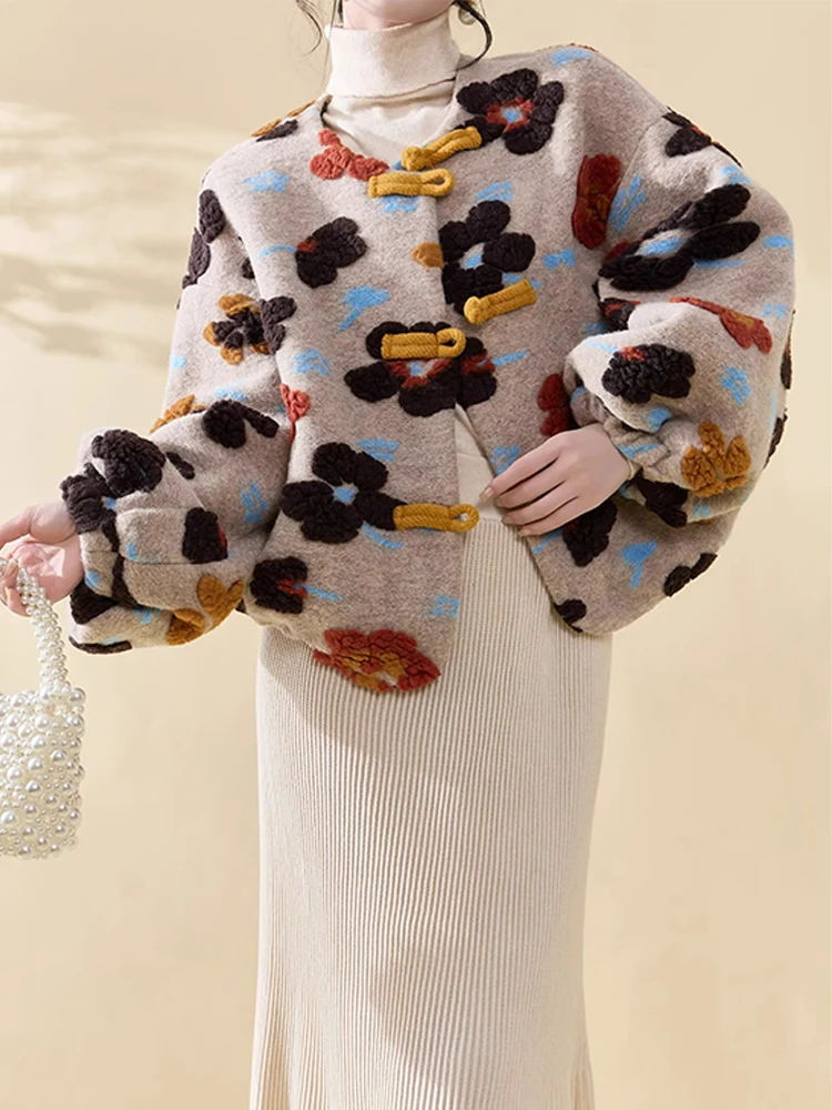 

Retro Floral Woolen Cotton Coat Women's Faionable Winter Small Size Ele High-End Feel Korean Sle Loose Fit Button Emb...