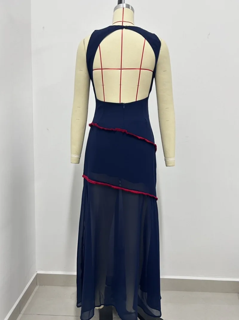 Chic Sleeveless Patchwork Contrasting Tassel Decoration Maxi Dress Backless Chiffon Hem A Line Dresses Evening Party Minimalist